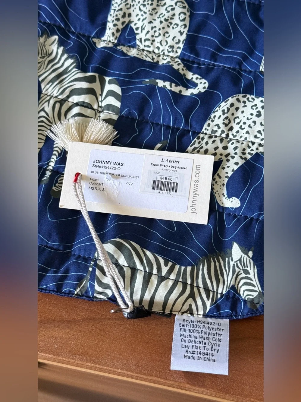 Dog Jacket Johnny Was Blue Tiger Puffer Size L NWT Zebra Leopard Print